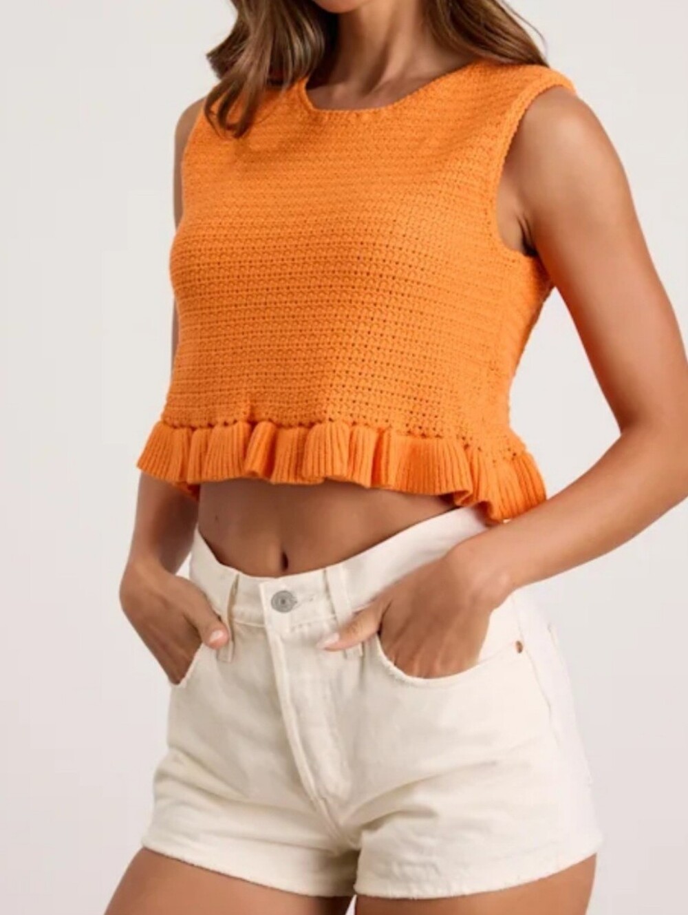 Lulu's Bright Orange Cropped Knit Ruffle Hem Sleeveless Tank. Keyhole Tie,XS NWT
